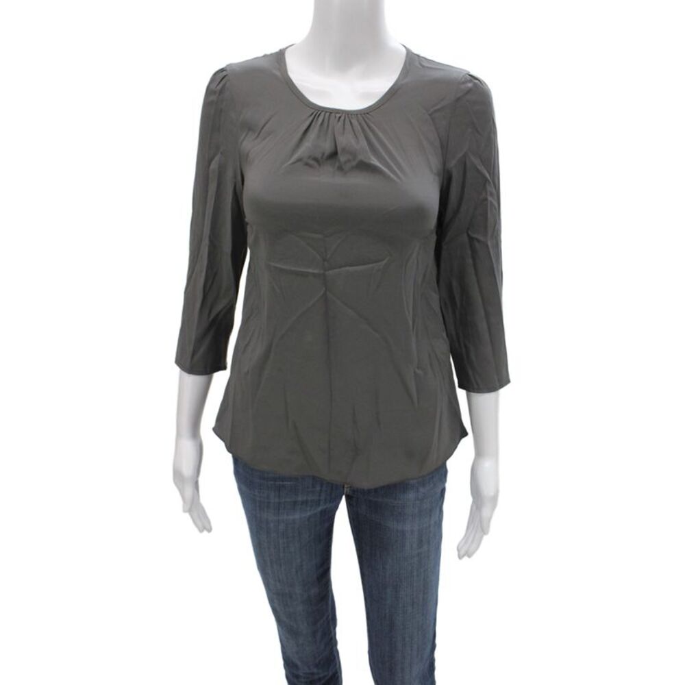 Alisha Levine Womens Gray 100% Silk Basic Blouse Round Neck 3/4 Sleeve Size S